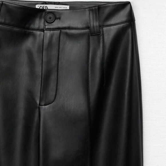 Zara Francoise Trouser Pants Black Faux Leather Straight Leg Full Length - Picture 7 of 8
